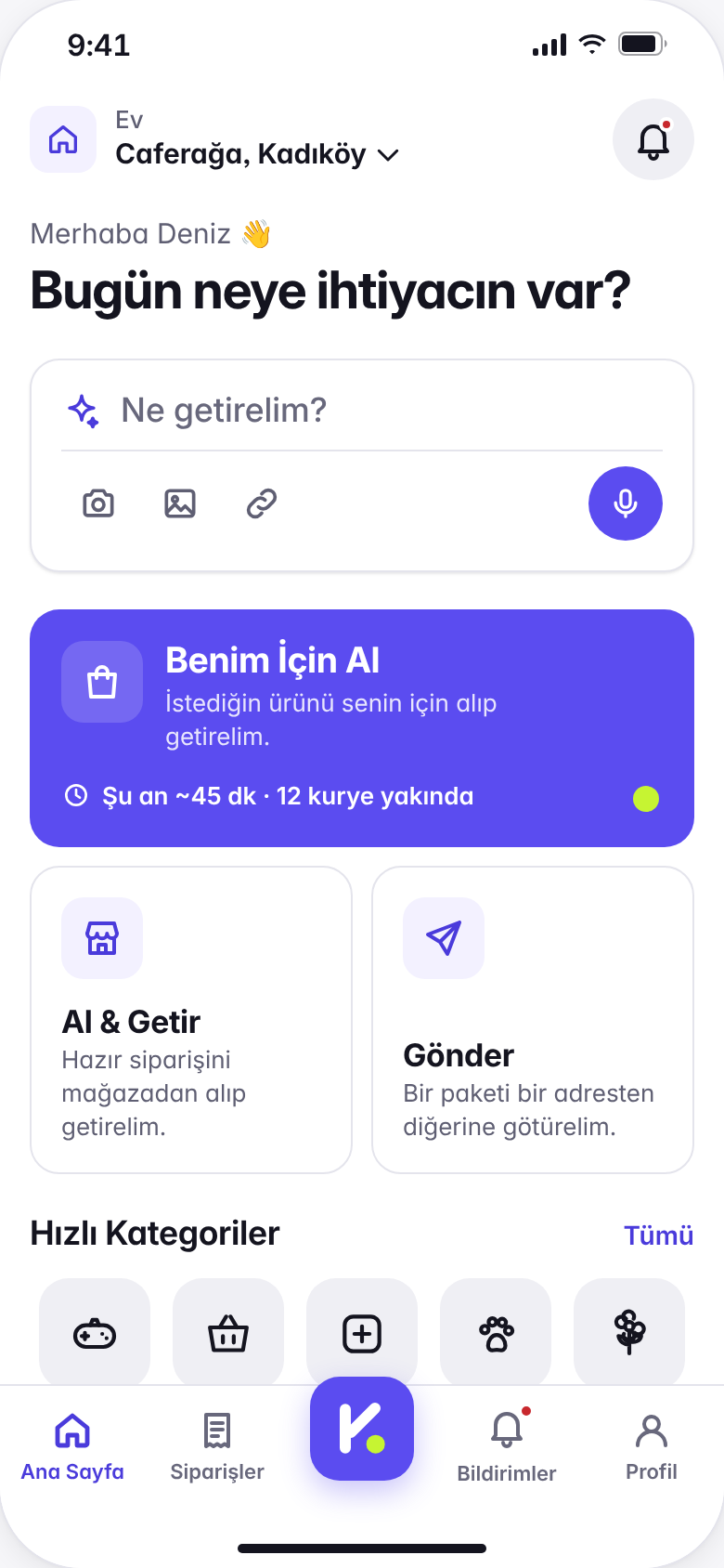 KapGel ana sayfa: “Bugün neye ihtiyacın var?” istek alanı ve Benim İçin Al, Al & Getir, Gönder hizmetleri