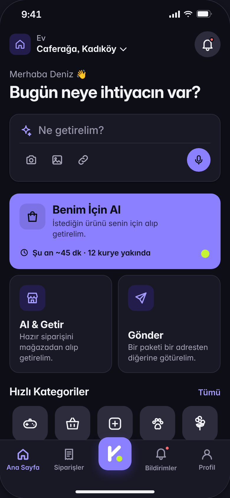 KapGel ana sayfa: “Bugün neye ihtiyacın var?” istek alanı ve Benim İçin Al, Al & Getir, Gönder hizmetleri