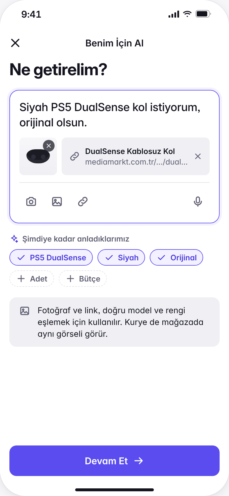 “Ne getirelim?” ekranı: “Siyah PS5 DualSense kol istiyorum, orijinal olsun.” yazılmış; uygulama PS5 DualSense, Siyah ve Orijinal olarak anlamış