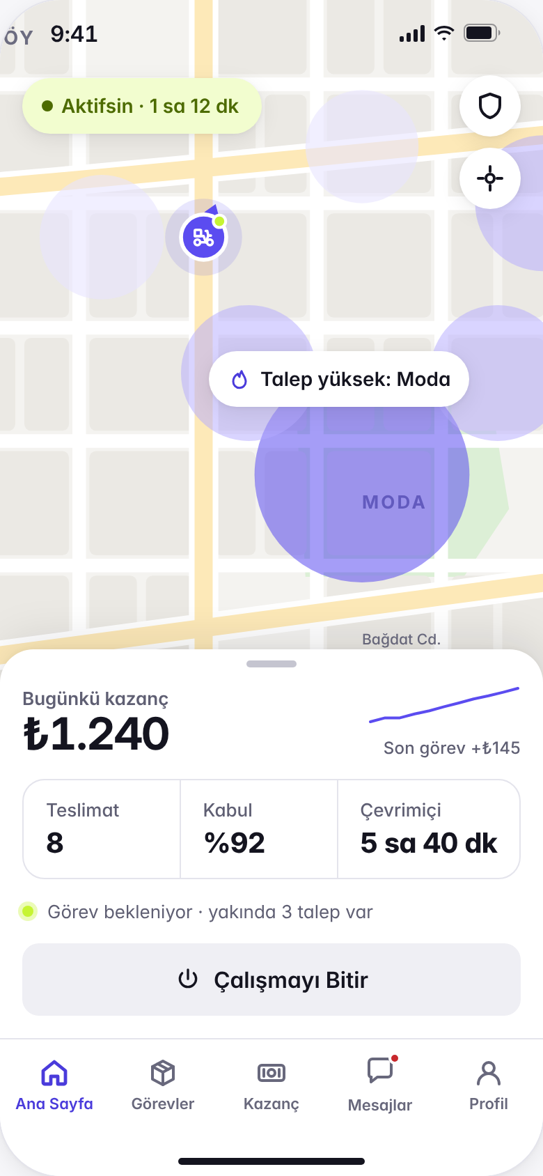 KapGel Kurye çevrimiçi ekranı: talep haritası, Moda’da talep yüksek, bugünkü kazanç ₺1.240