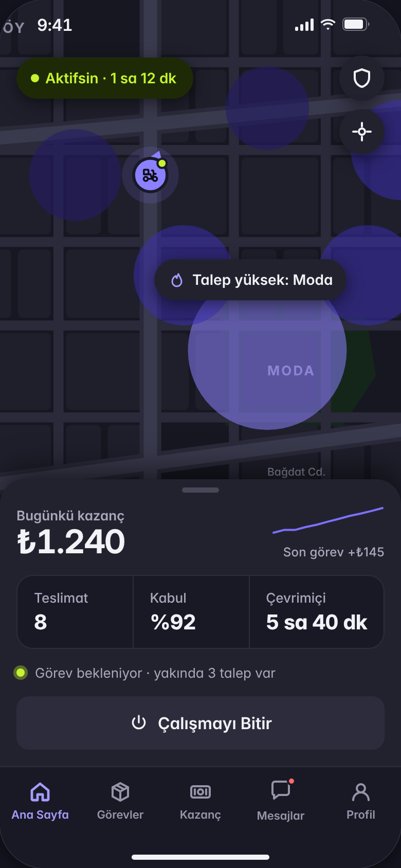 KapGel Kurye çevrimiçi ekranı: talep haritası, Moda’da talep yüksek, bugünkü kazanç ₺1.240