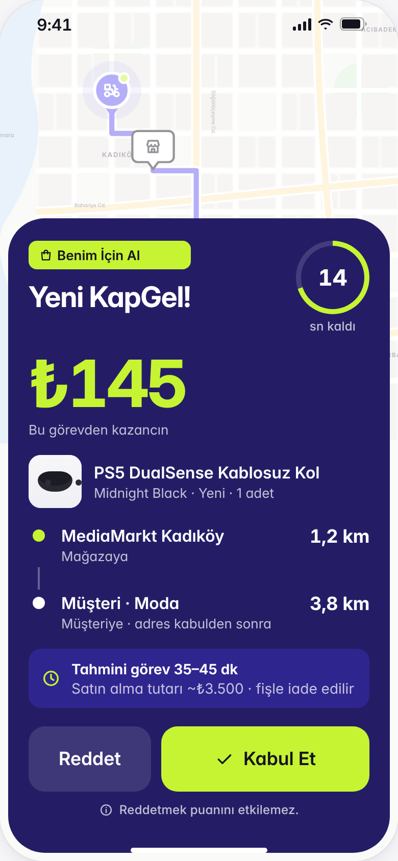 KapGel Kurye yeni görev teklifi: ₺145 kazanç, MediaMarkt Kadıköy'e 1,2 km, müşteriye 3,8 km, Reddet ve Kabul Et düğmeleri