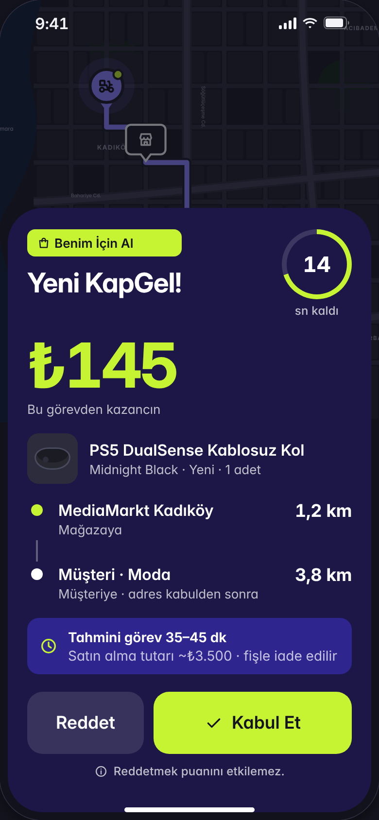 KapGel Kurye yeni görev teklifi: ₺145 kazanç, MediaMarkt Kadıköy'e 1,2 km, müşteriye 3,8 km, Reddet ve Kabul Et düğmeleri