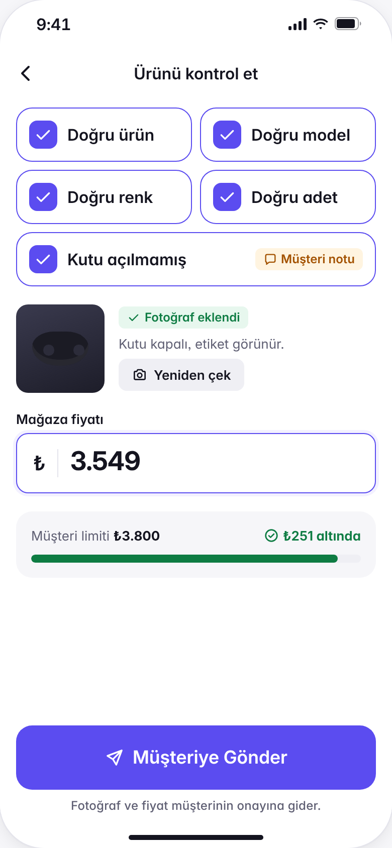 KapGel Kurye ürün kontrolü: doğru ürün, model, renk ve adet işaretli, ürün fotoğrafı ve ₺3.549 mağaza fiyatı