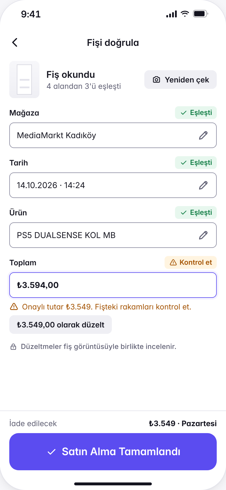 KapGel Kurye fiş doğrulama: fişten okunan mağaza, tarih ve ürün eşleşti, toplam tutar kontrol ediliyor