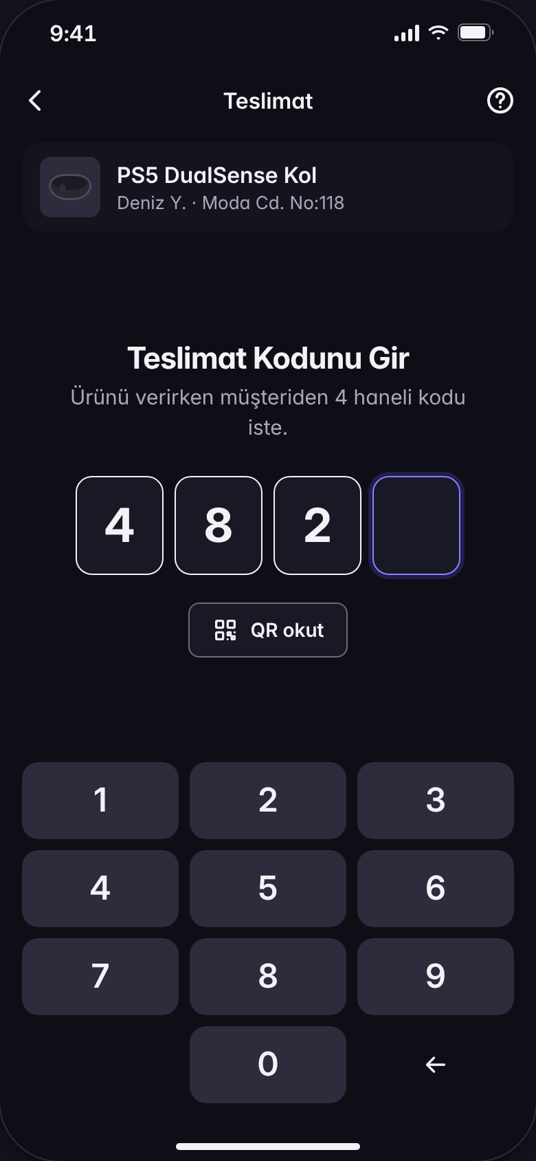KapGel Kurye teslimat ekranı: müşteriden alınan 4 haneli kodun girişi ve QR okutma seçeneği