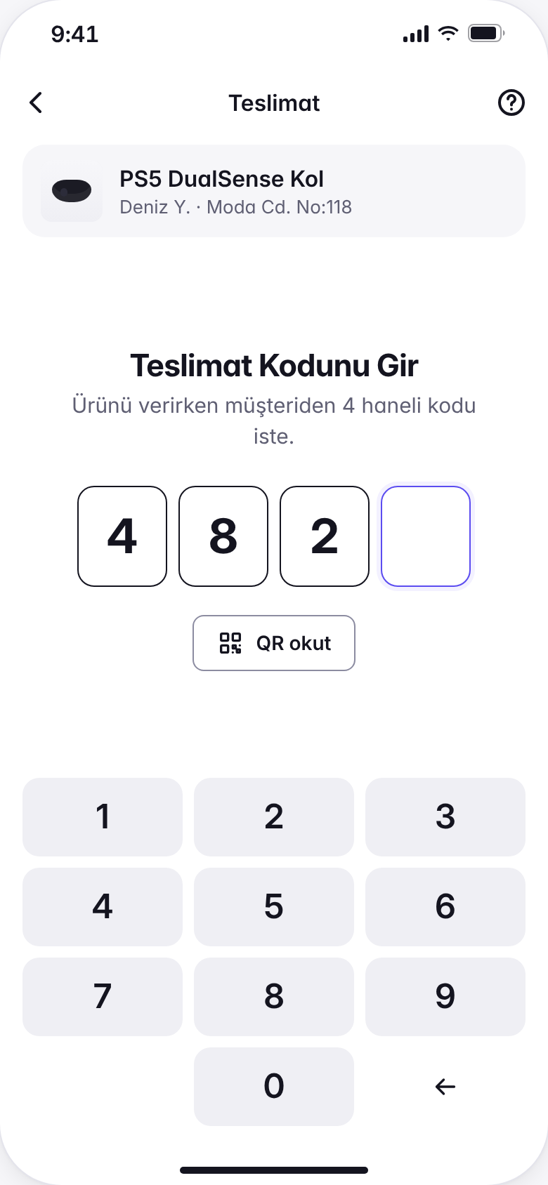 KapGel Kurye teslimat ekranı: müşteriden alınan 4 haneli kodun girişi ve QR okutma seçeneği