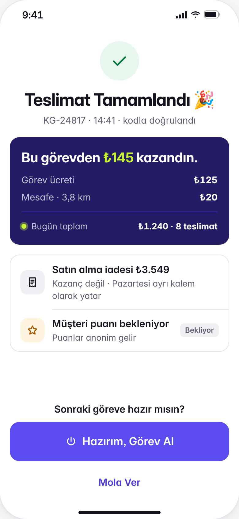 KapGel Kurye teslimat tamamlandı: bu görevden ₺145 kazanç