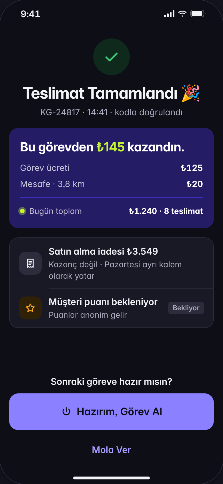KapGel Kurye teslimat tamamlandı: bu görevden ₺145 kazanç